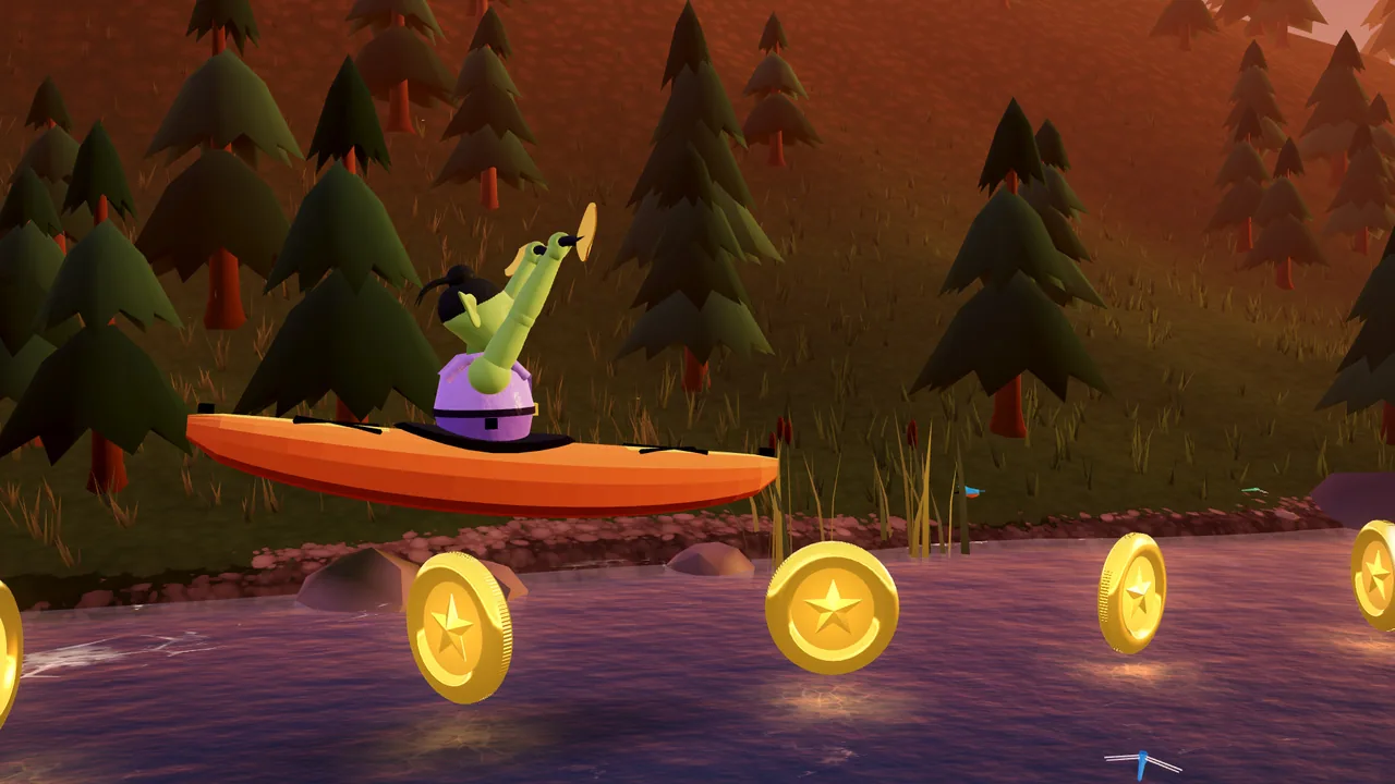 The orc and its kayak flying level above the river after boofing off a rock.