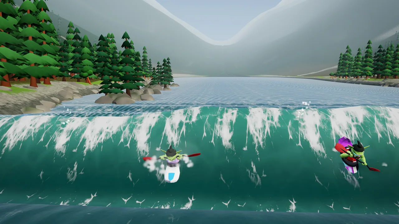 Orcs in colourful playboats sharing the standing wave at Skookumchuck Narrows.
