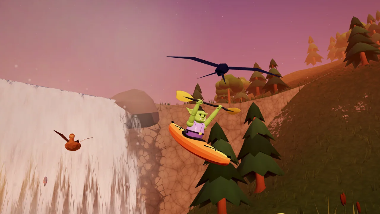 A green orc in a bright orange kayak flying off a foaming waterfall at sunset.