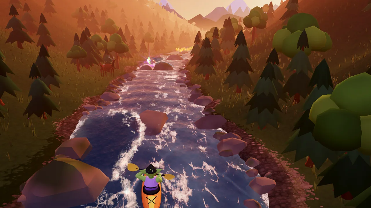 An orc approaching a rock on a sunlit river, with a clear line beside it.