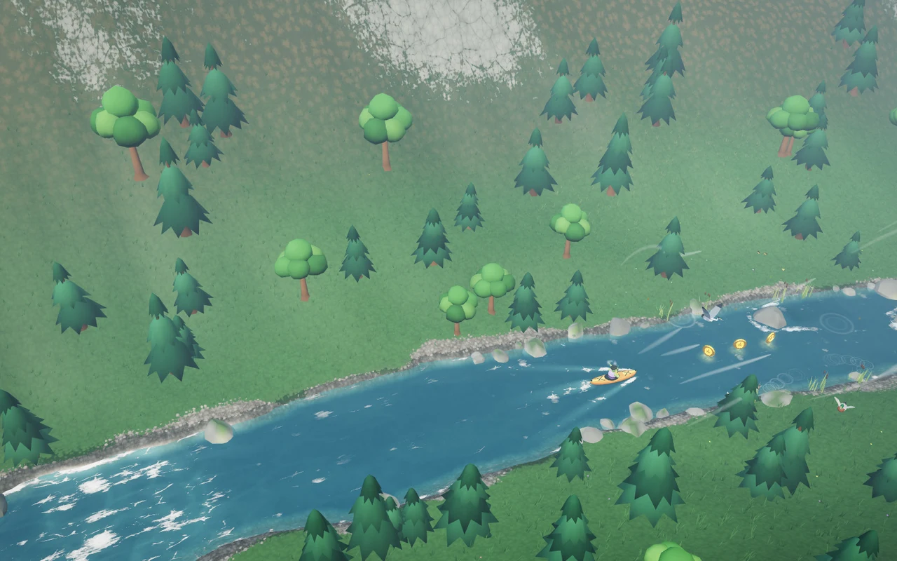 A tiny orange kayak paddling a blue river through a sunlit miniature forest, seen from above.