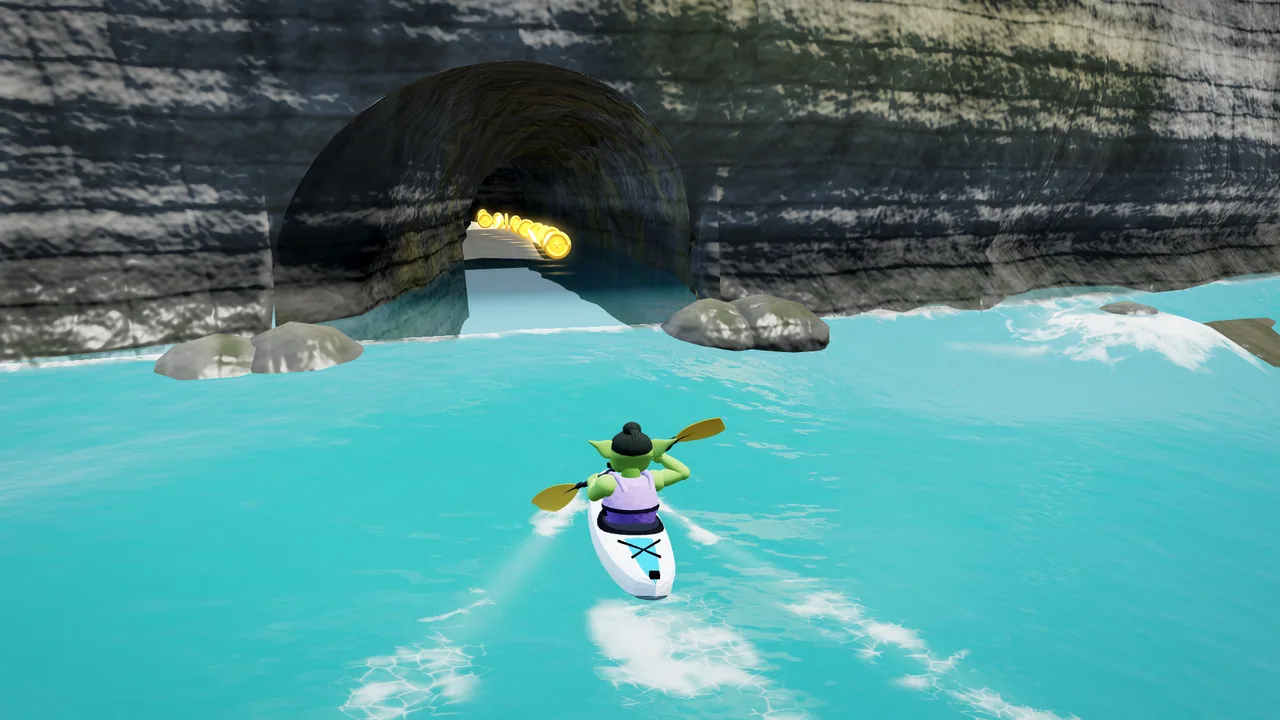 An orc paddling a kayak towards an open sea cave with gold coins inside on turquoise coastal water.
