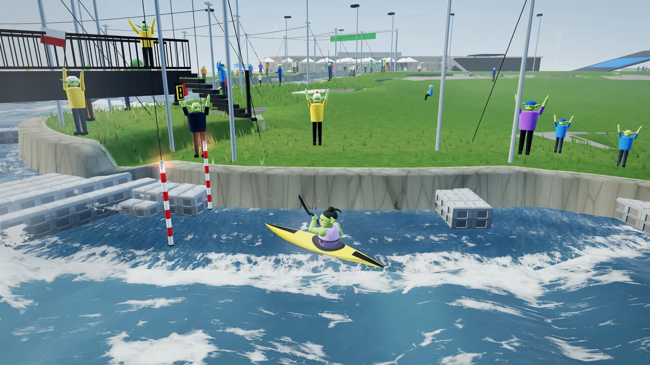 An orc racing through red and white gates on the Lee Valley whitewater course.