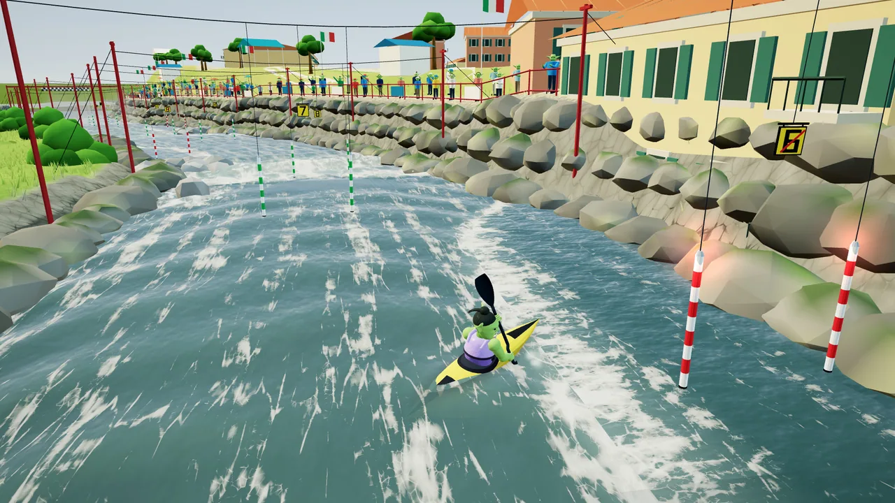 An orc paddling the Dora Baltea slalom course beside Ivrea’s stone banks and terracotta rooftops.