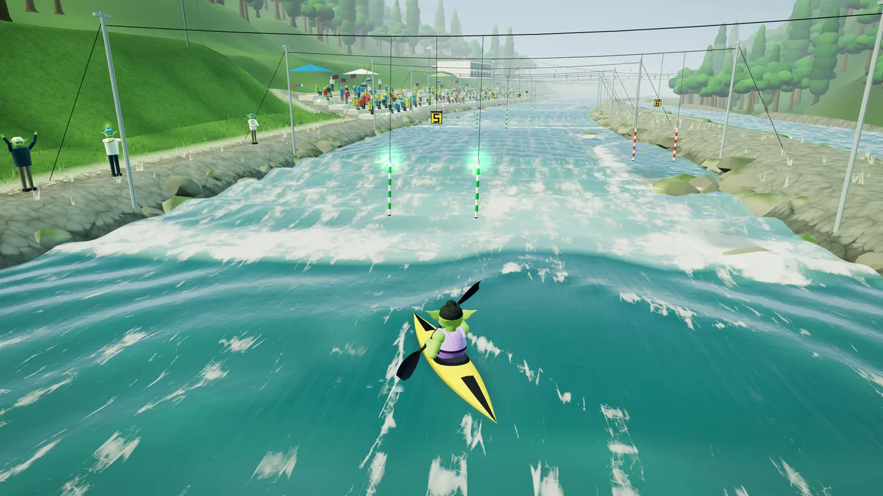 An orc racing on the emerald Soča at Solkan, with wooded hills beyond the course.