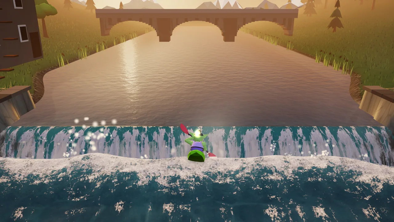 An orc in a playboat surfing the whitewater below a stone mill weir in golden light.